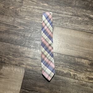 Sturbridge Tiemakers of America USA Plaid Linen Silk Tie Blue Pink Green